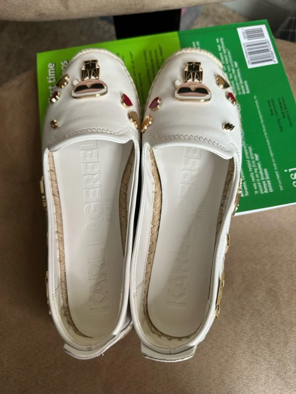 Karl Lagerfeld White Espadrille Slip-On Flats w/ Enamel Charms US6.5 New w/o Box